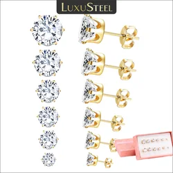 LUXUSTEEL 6Pairs/Set CZ Stud Earrings Stainless Steel Round White Cubic Zirconia Hypoallergenic 6 Claws Earring Trendy Jewelry