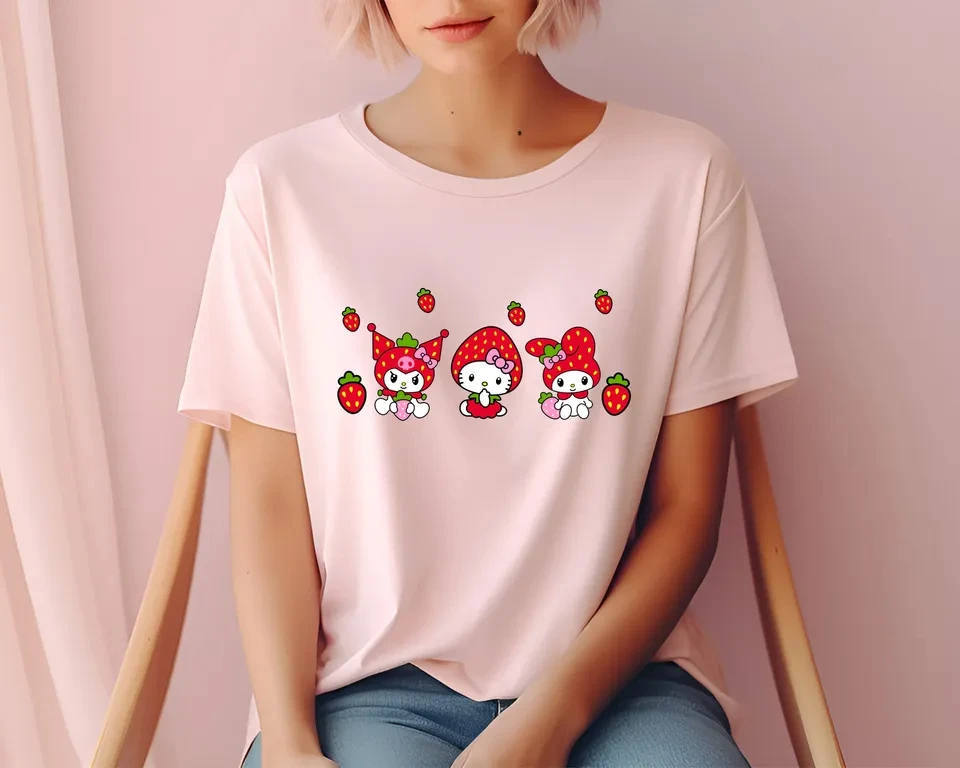 Hello Kitty My Melody Strawberry T-Shirt Pink Cute Cartoon Fruit Graphic Cotton Men Women Kids Short Sleeve Tee