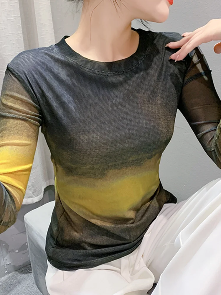 Ele Anti-Aging Tie-Dye Print Lange Sve T-shirt Frauen Sexy Me Atmungsaktive Abnehmen Taille Design Faionable Basis irt