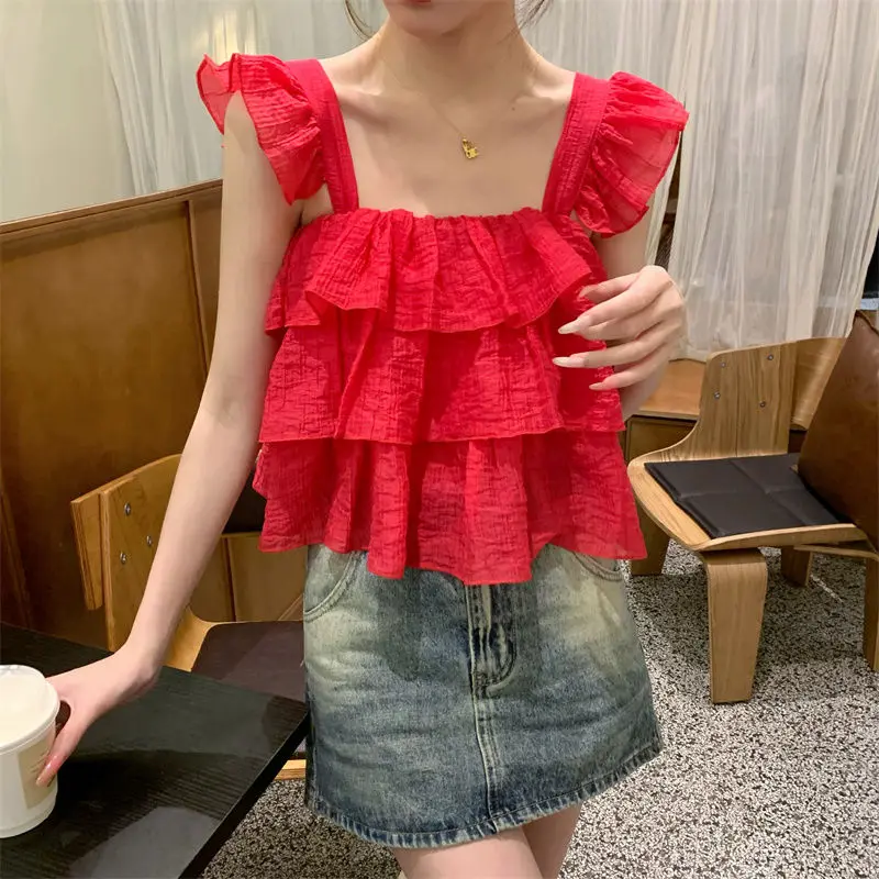 

Nice Summer Lolita Sweet Camisole Patchwork Solid Color Solid Color T-Shirt Women Clothes Casual Ruffles Pullover Top Tee Female
