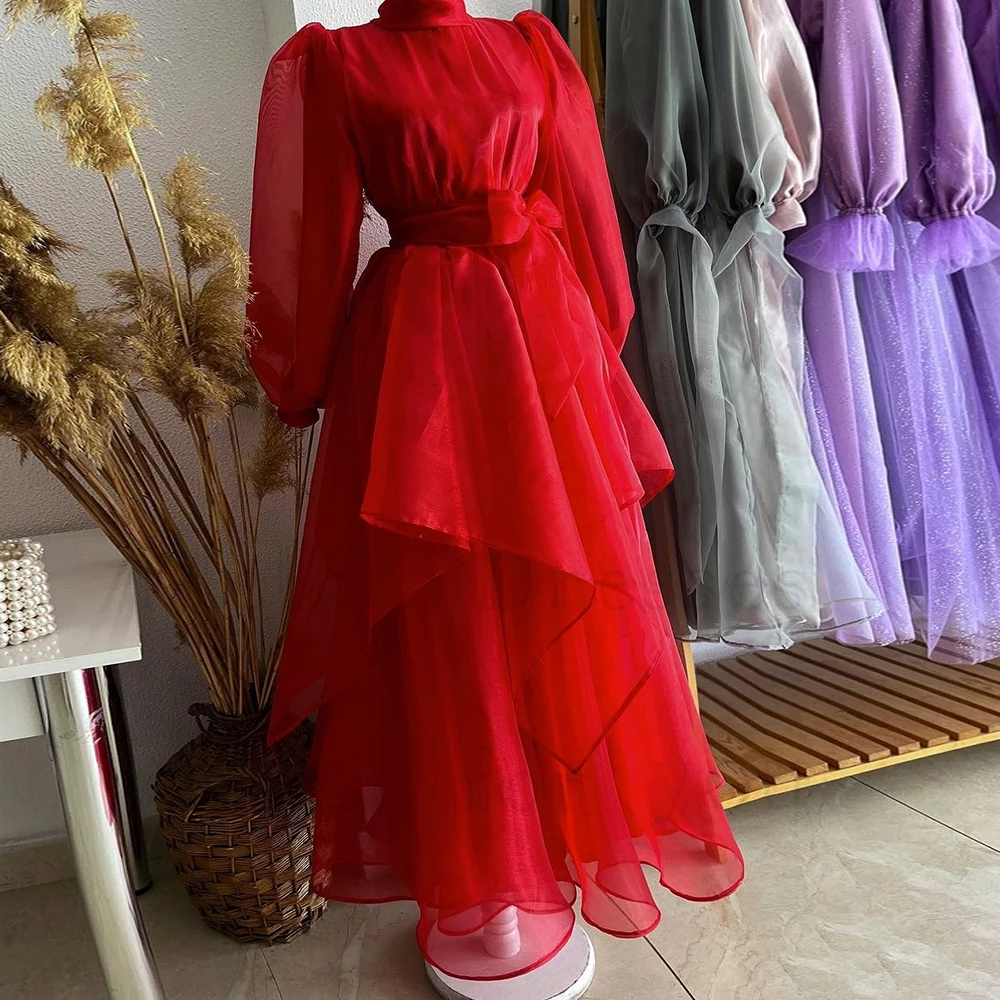 

Beach Red Muslin Evening Dresses for Women Full Sleeve Real Picture Ankle Length Prom Gowns with Belt 2024 Summer Robe De Soirée