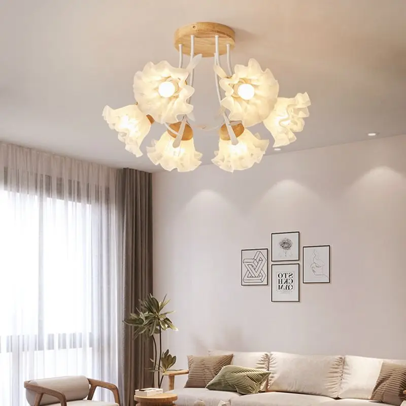 French Cream Nordic Lily of The Valley Glass Wood Creative Pendant Light for Bedroom Dining Living