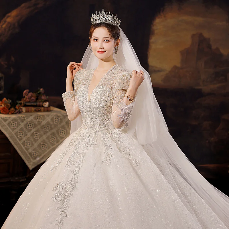 

Private Custom Long Sleeved Main Wedding Dress 2024 Bride's Large Tail French Starry Sky V-neck Palace Style Princess Skirt