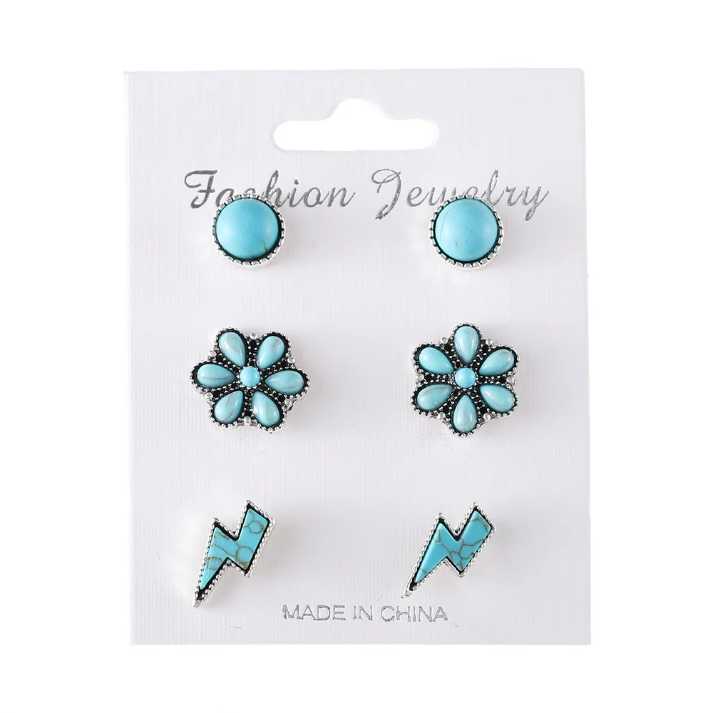 3-Pack Southwest Earrings -Navajo Style Lightning Bolt / Turquoise Flower Stud Earrings Set Wholesale - December Birthday Gift