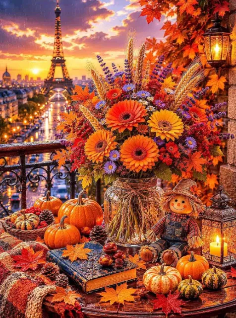 500/1000/1200/2000PCS Jigsaw Puzzle Fall Paris Eiffel Tower Balcony Table Pumpkin Flower Vase Candle Scarecrow City View Gift