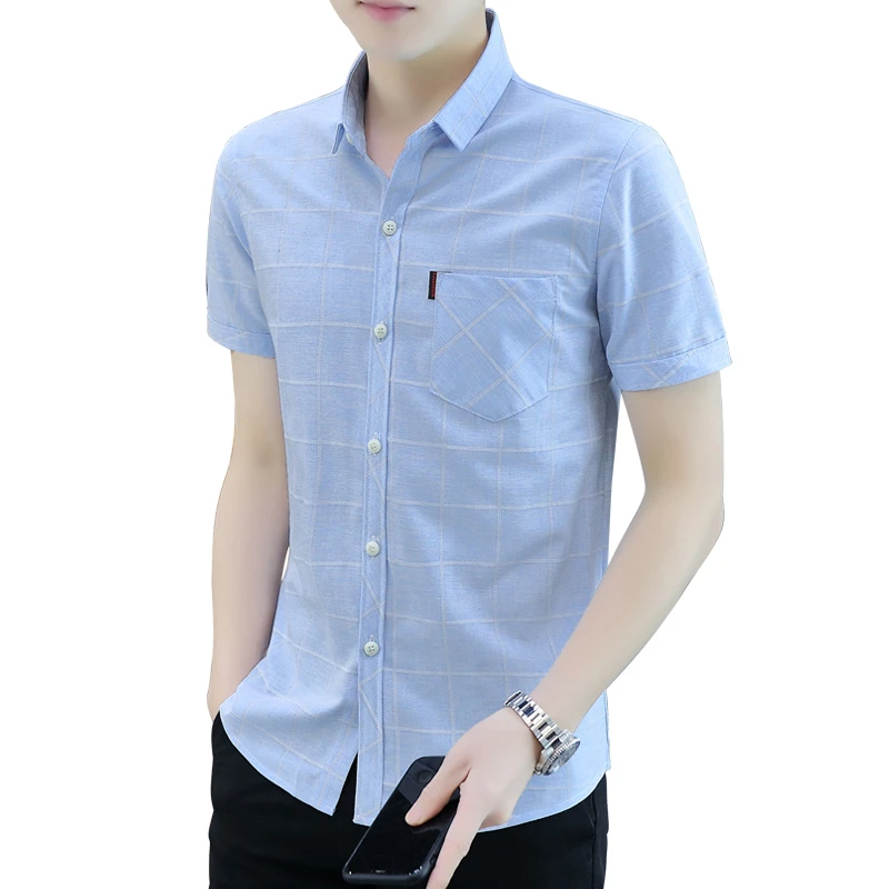 Cotton Gentleman Business Man Short Sleeve Shirts Summer Lapel Plaid Printed Tops Checkered T Shirt Chemise Homme Male