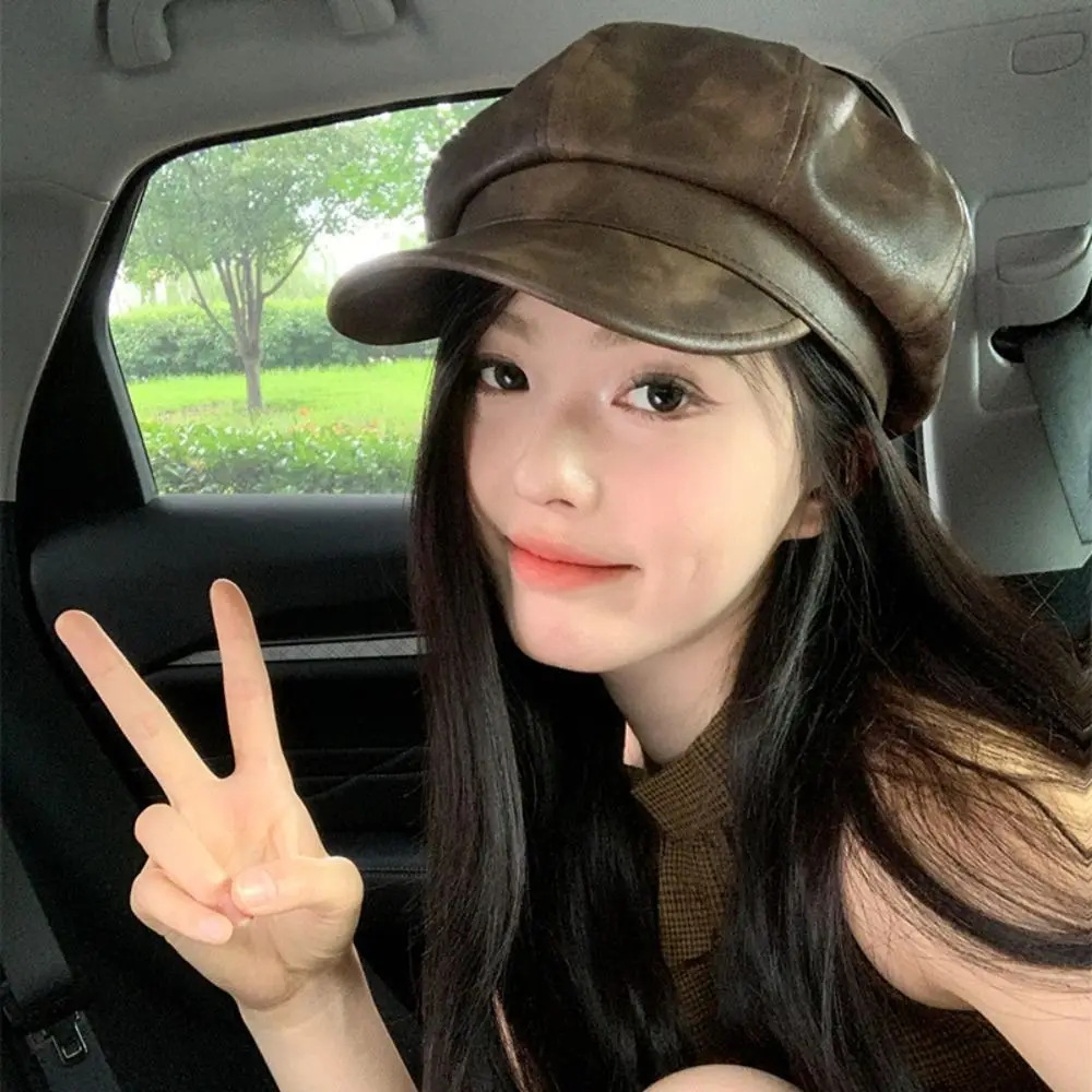 

Fashion British Style Pu Leather Beret Casual Black Brown Painter Hat Autumn Winter Octagonal Cap Artist Cap Outing