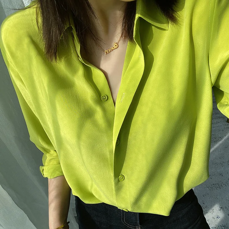 

Chiffon Long Sleeve Shirt French Elegant Solid Satin Shirt Femme Blouse Simple Style Tops Silk Button Up Blouse OL Office Shirt