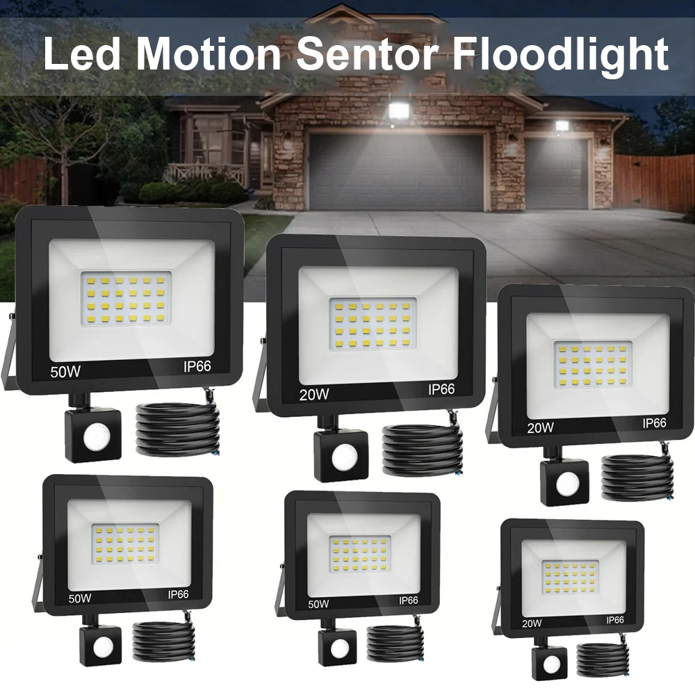 Holofote LED com sensor de movimento, iluminação exterior, refletor à prova d'água, lâmpada de holofote, holofote, jardim, garagem, 100W, 50W