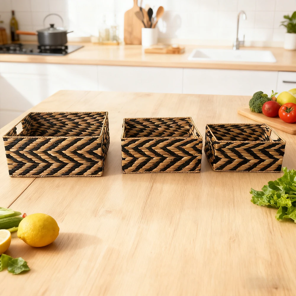 

3Pack Handwoven Seagrass Storage Baskets with Handles, Black and Natural Woven Organizer Bins for Home, Office, Closet Organizat