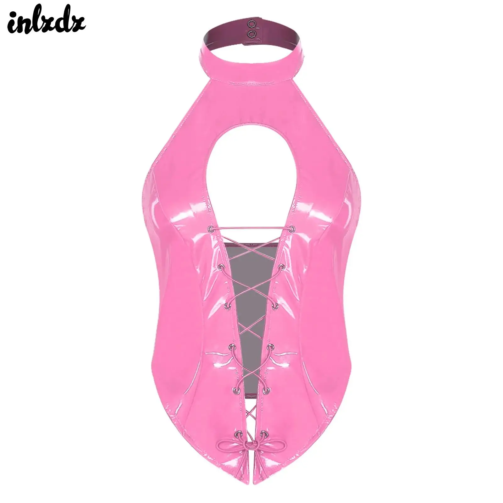 Womens Glossy PU Cropped Top Halter Front Hollow-out with Lace-up Backless Bodycon Tank Top for Pole Dance Punk Gothic Clubwear