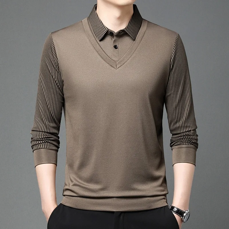 Men\'s Long Sleeve Business T-shirts Casual Fake Two Pieces Elastic Tops & Tees Luxurious High End Autumn Polo Shirts Wholesale