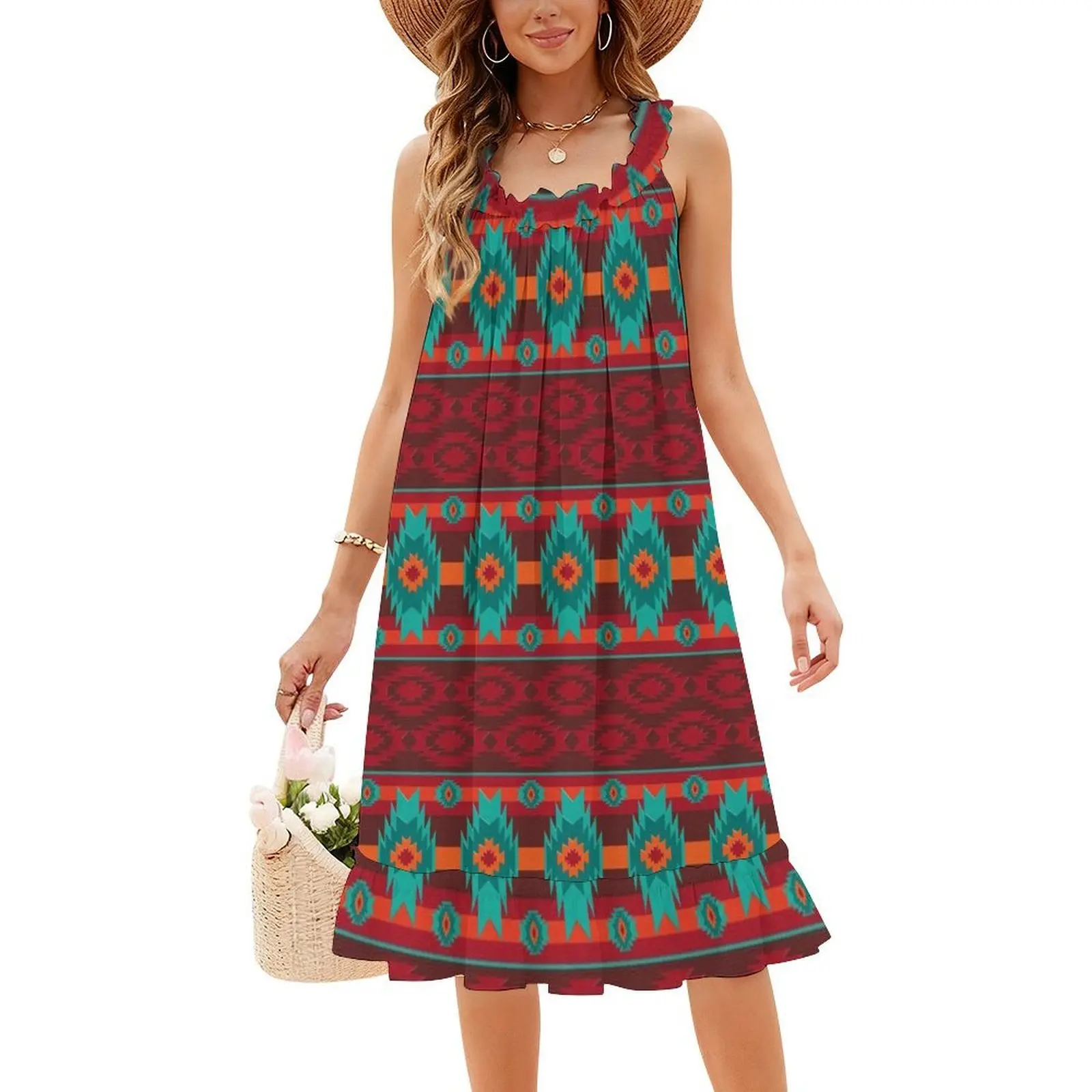 Mini abito stile preppy con motivo geometrico etnico sudoccidentale per donna Abito da giorno casual a taglio ampio a trapezio sudoccidentale