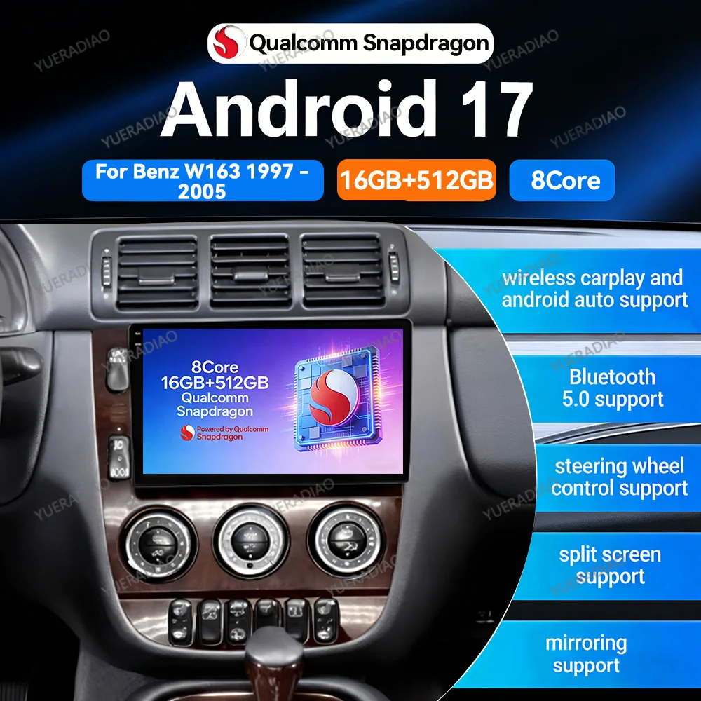 Android 17 Car Radio For Mercedes Benz M-Class W163 ML 1997 - 2005 BT Multimedia Video Player Carplay & Android Auto GPS NAVI FM