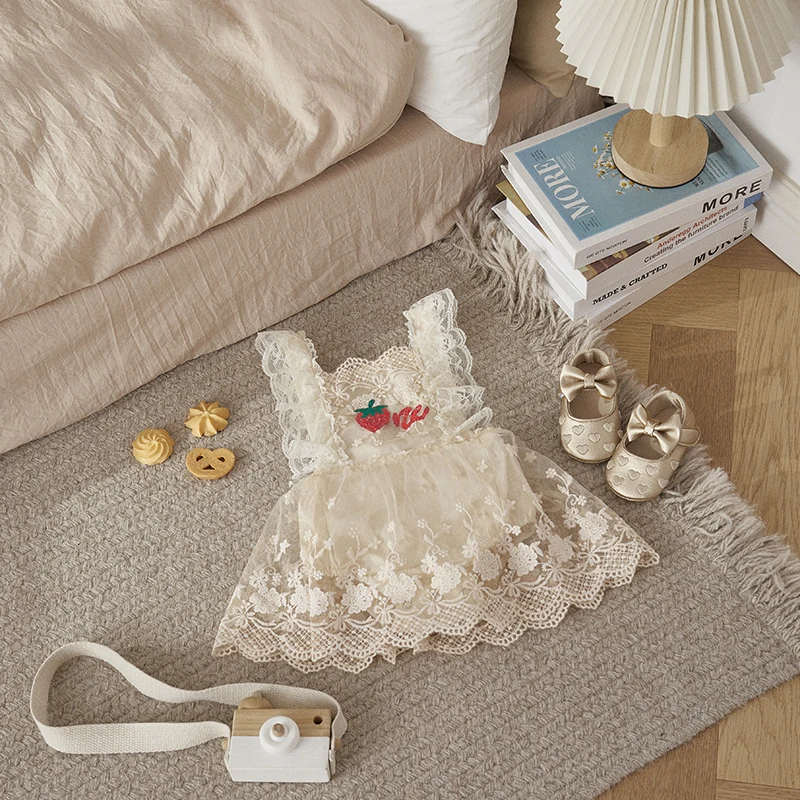 Listenwind Baby Girl Summer Romper Dress Square Collar Sleeveless Strawberry/Letter Embroidery Lace Tulle Patchwork Bodysuit