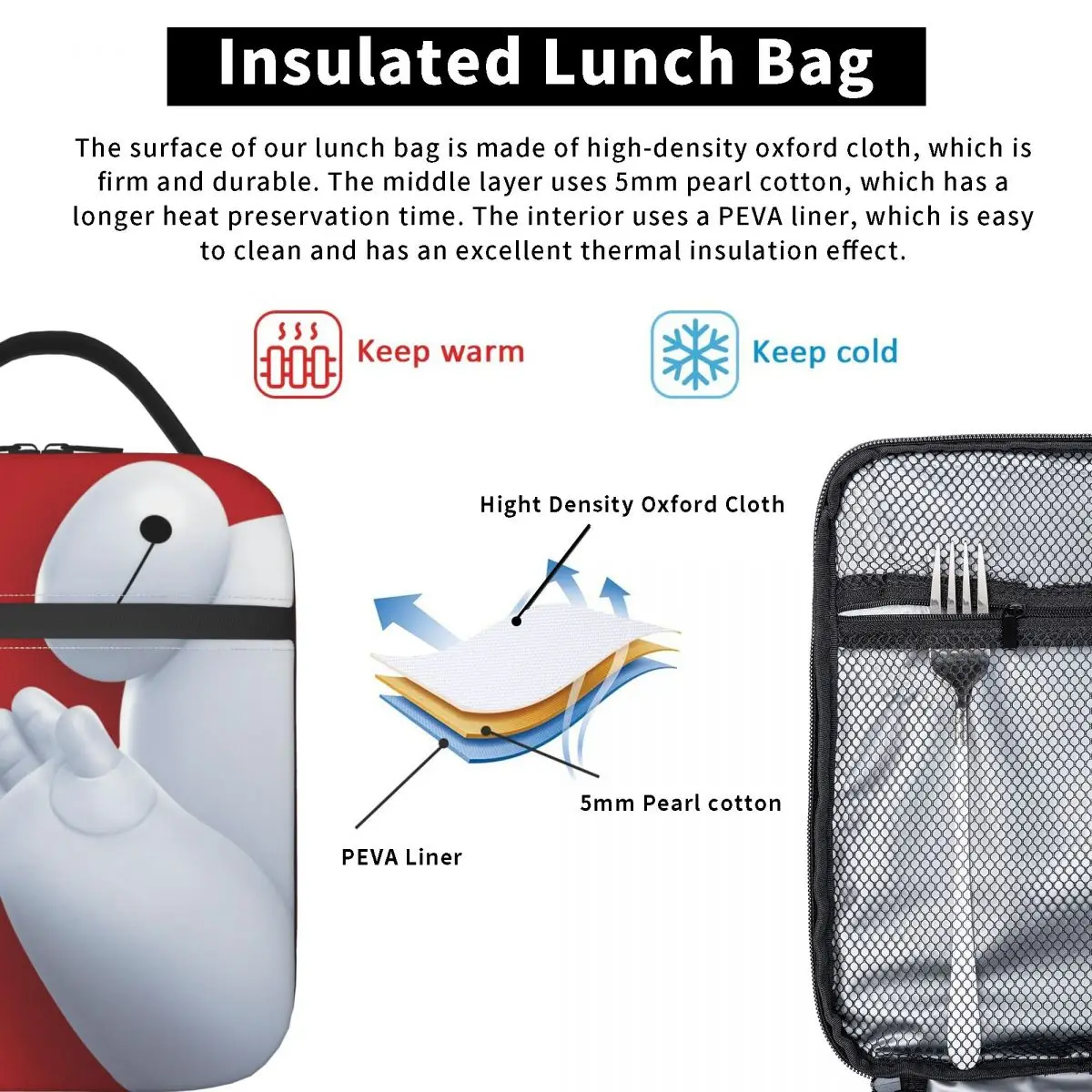 Torba Termiczna na Lunch Big Hero 6 dla Kobiet, Izolowana, do Pracy, Chłodziarka, Pojemnik na Żywność, Wodoszczelna Torba na Lunch
