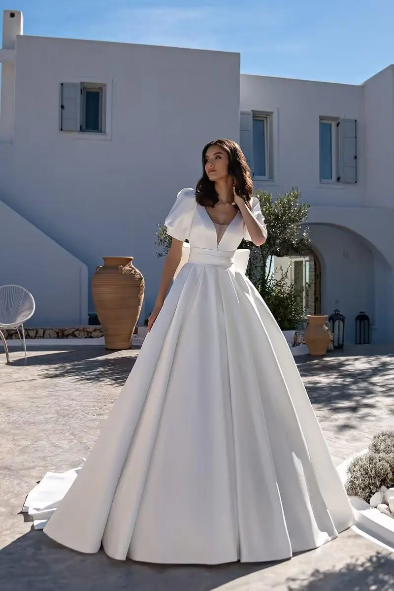

Puffy Sleeve Satin Wedding Dresses for Bride A Line Boho Beach Bridal Gowns with Bow