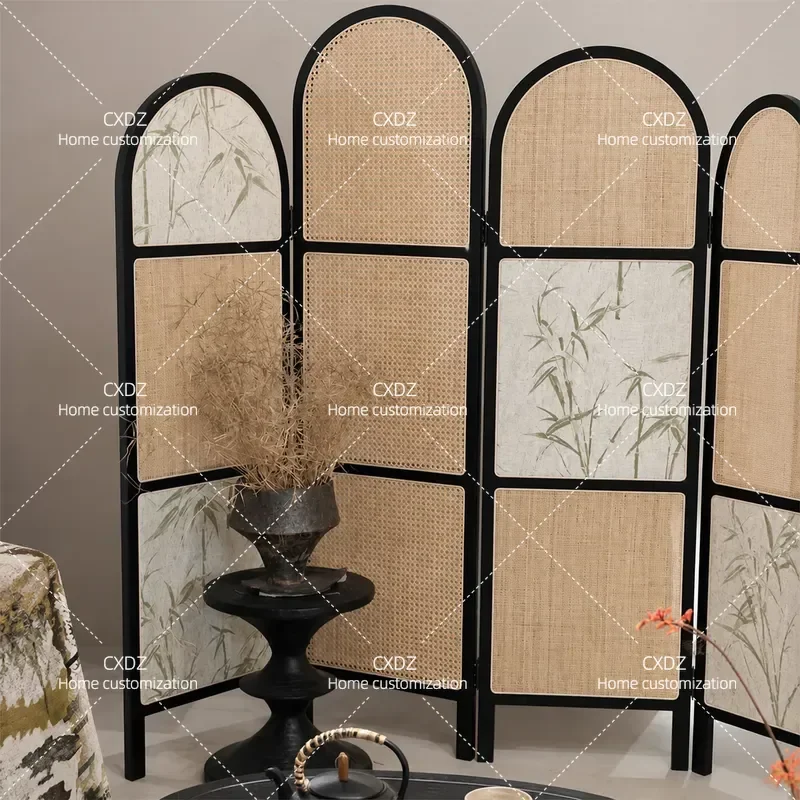 Solid Wood Rattan Folding Screen Room Divider Portable Partition for Living Room Bedroom Home Decor Tall Freestanding Privacy