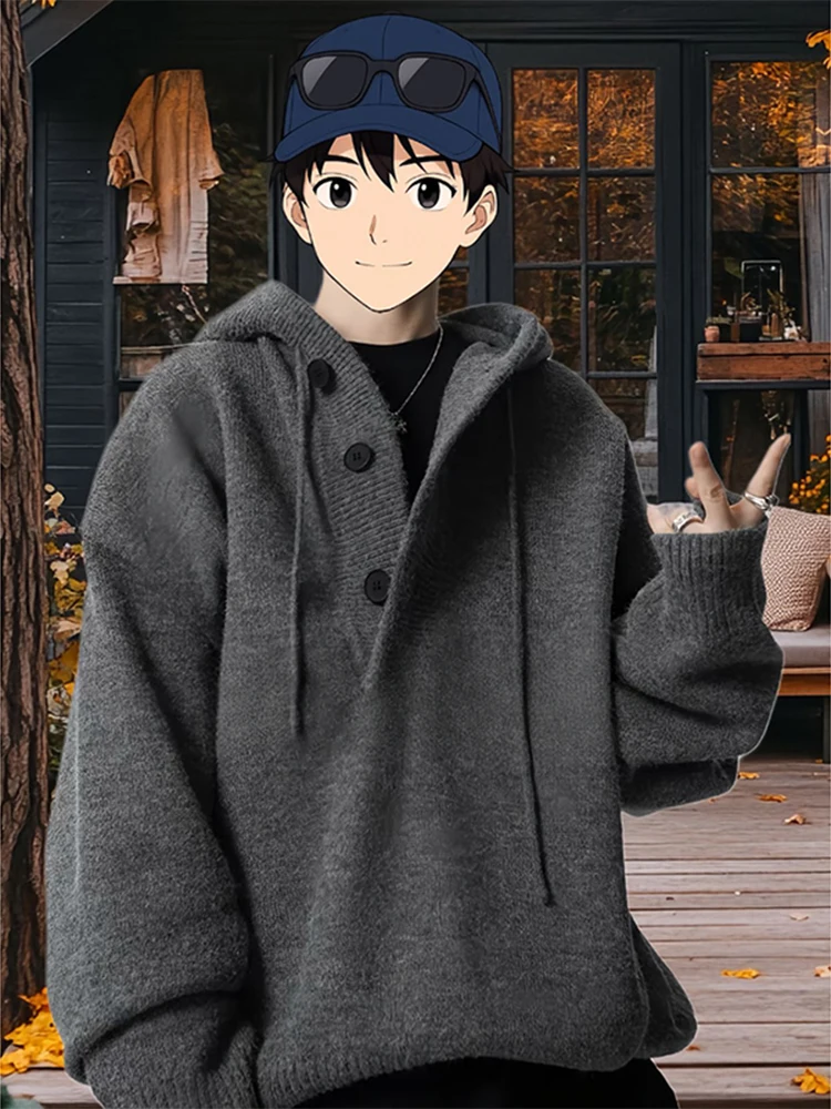 

Deep ey Hooded Knitted Sweater Men's Autumn Winter New Lazy High-End Feeling Sweatirt Haome Heavyweight Jaet