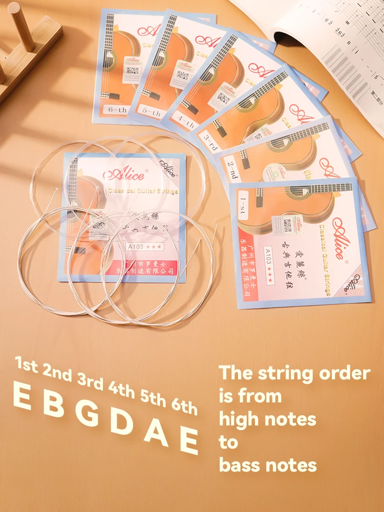 Alice A103 Cuerdas para Guitarra Clásica Núcleo de Nylon Bobinado de Aleación de Plata Revestimiento Anti-óxido Accesorios para Guitarra 1 Pieza