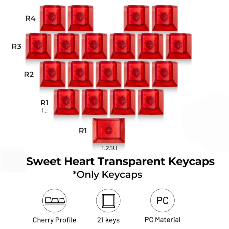 21pcs Transparent Keycaps,DIY Sweet Heart Keyboard Caps PC Material Cherry Profile Keycaps for MX Switches Mechanical Keyboard