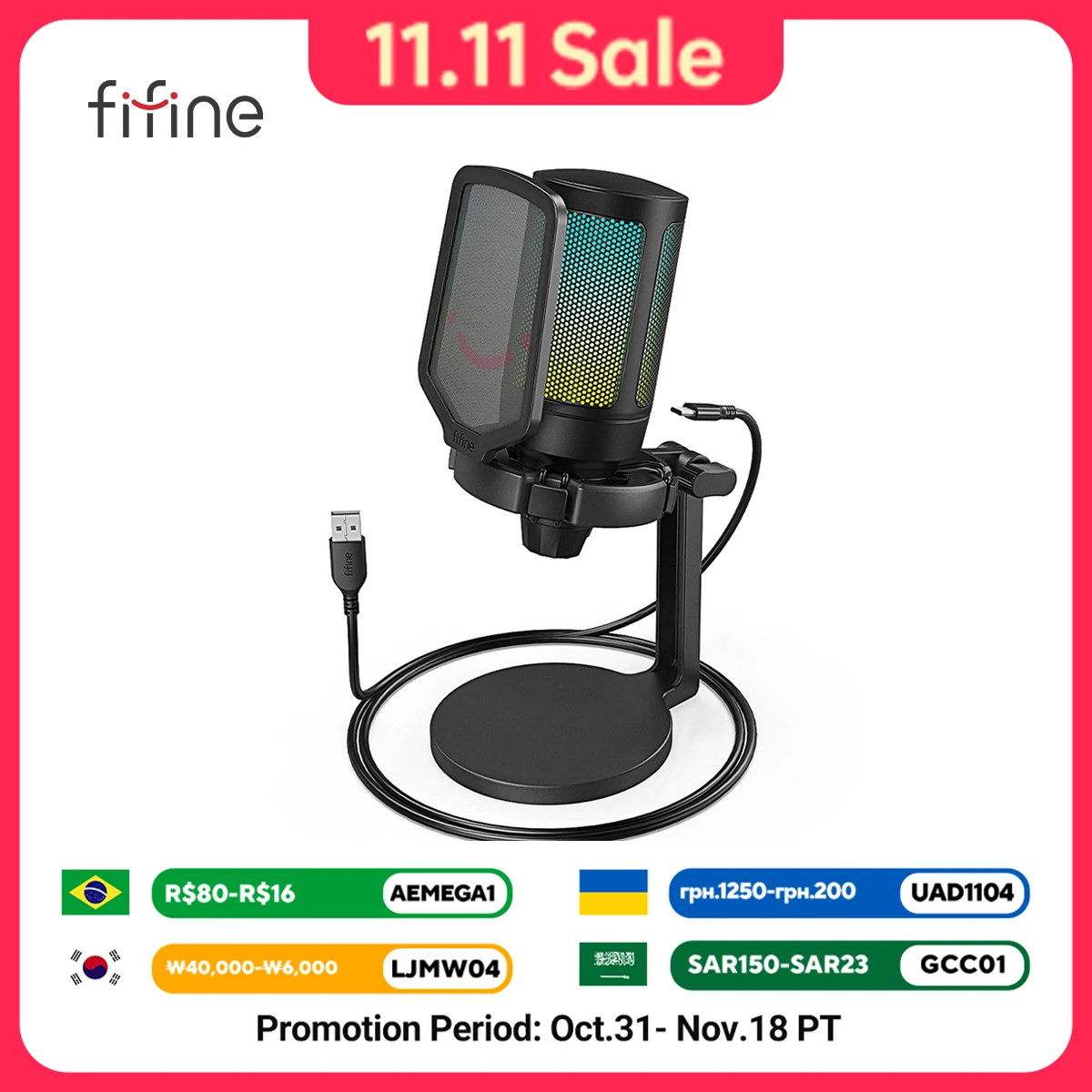 Microfone Gamer FIFINE AmpliGame com Suporte Antichoque, Controle de Ganho, Mudo por Toque, Microfone Condensador para Streaming e Podcast para PC, Switch, PS5-A6NEO