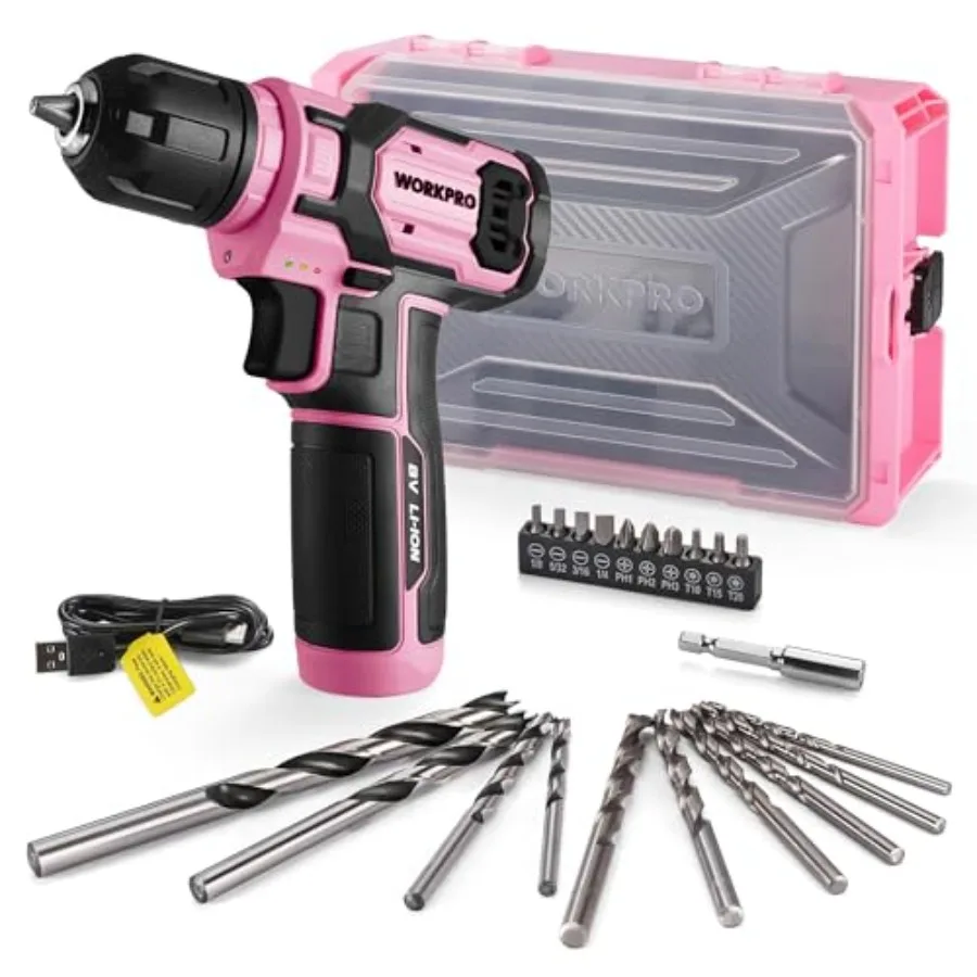 

Pink Power Drill Set and Stackable Tool Box 8V Cordless Drill Driver with Bit Set 2.0Ah Electric Cordless Screwdriver K