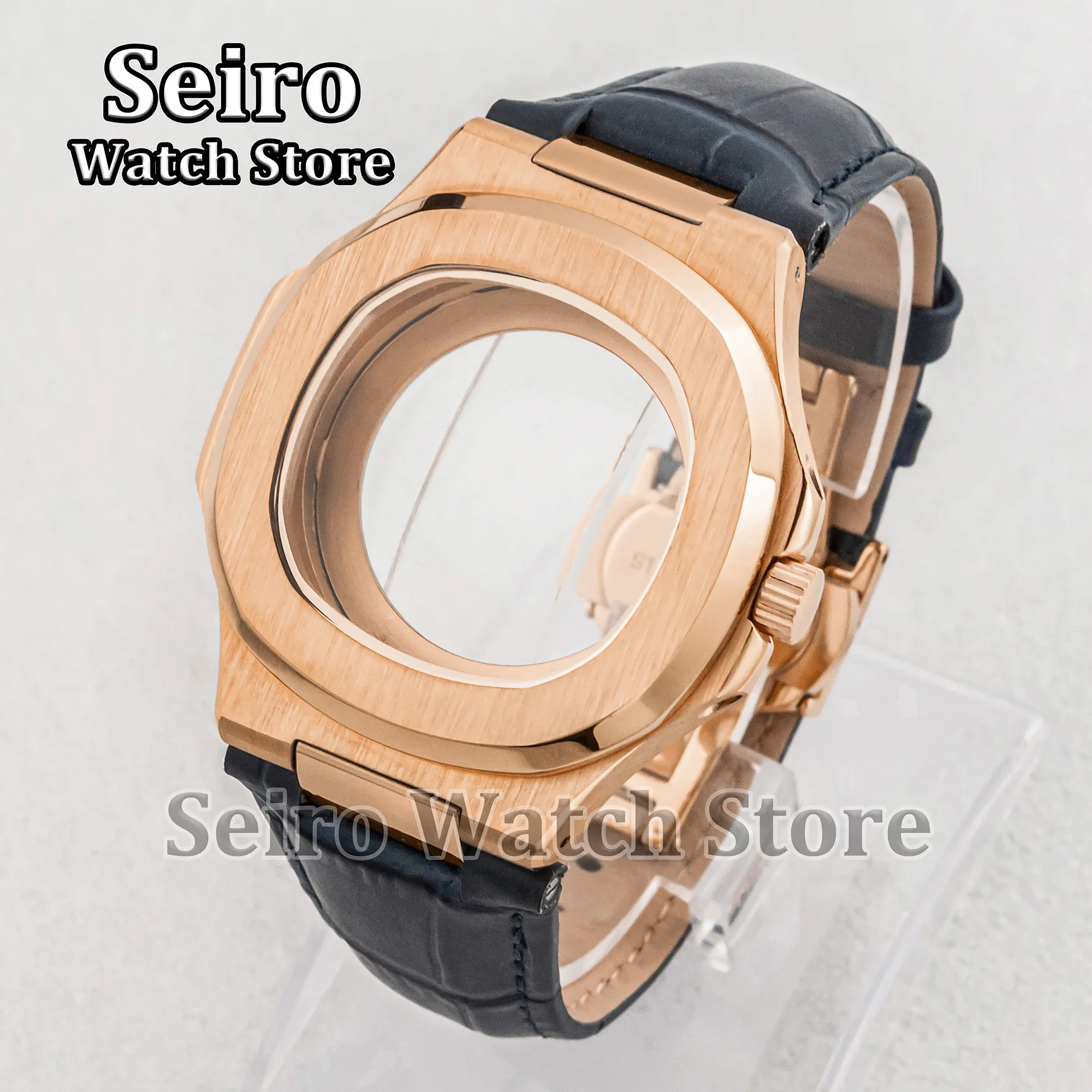 Rose Gold Nautilus NH35 Case Genuine Leather Strap Stainless Steel 100M Waterproof Sapphire Glass Screw Down for NH36 Movement - Image 2