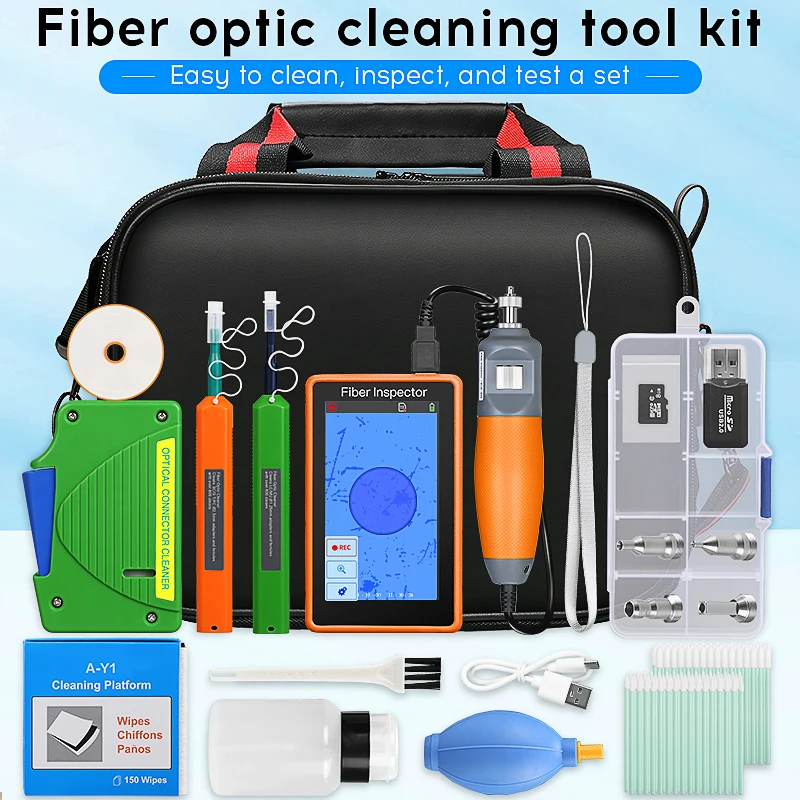 

Fiber Optic Cleaning Tool Kit With AUA-600 Fiber End Face Detector 400X Inspection Fiber Cleaner Box 2.5MM/1.25MM Cleaning Pen
