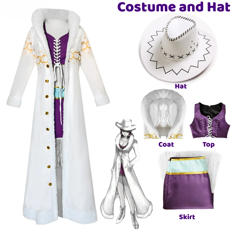 New Nico Robin Cosplay Costume Anime One Piece Purple Dress Uniform Long Fur Collar White Cloak Punk Outfit Halloween for Adult