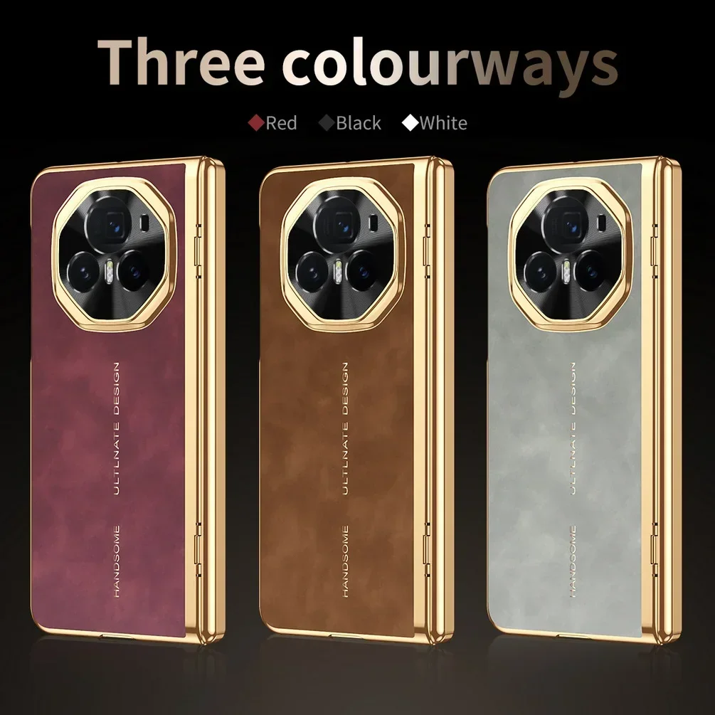

For Honor Magic V 3 Magic V3 Luxury Electroplated Frosted Leather Case Folding Hinge With Tempered Film All Inclusive Hard Cover
