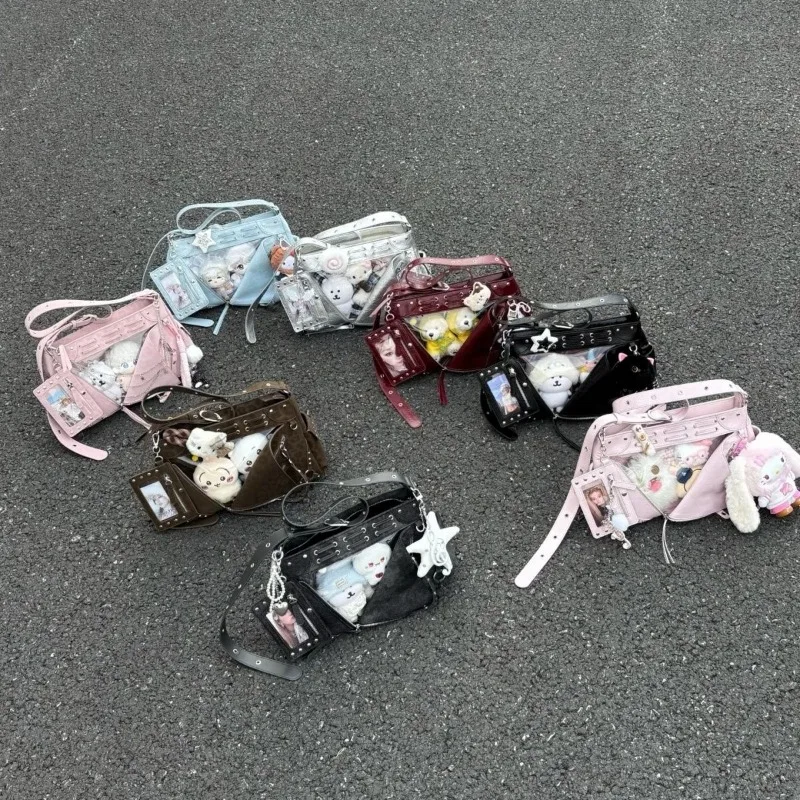 Motorcycle Bag Handheld Rivet Head Layered Oil Wax Cowhide Crossbody Women's Bag Cool And Spicy Girl Retro Style Tote Bag