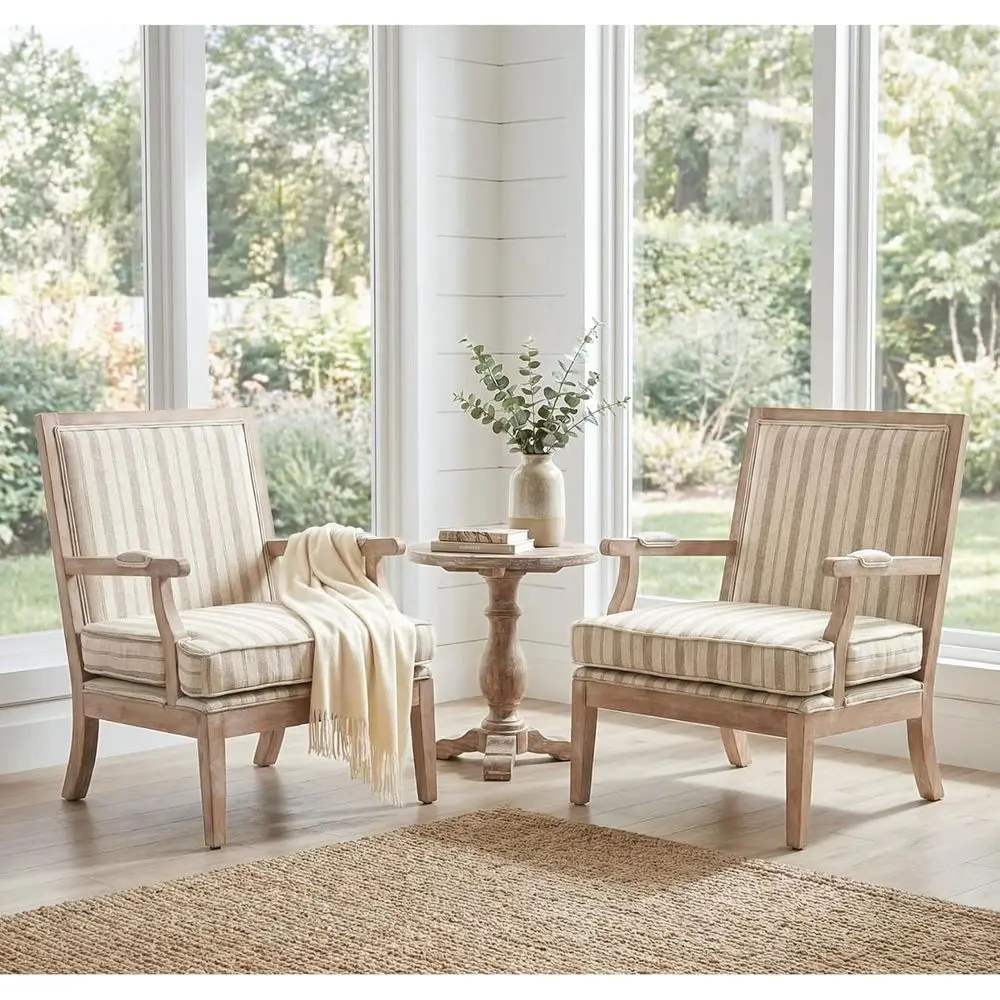 

Комплект из 2 полосатых акцентных кресел, широкие мягкие кресла для гостиной с подлокотниками, подходят для французского кантри-стиля, льняная ткань F