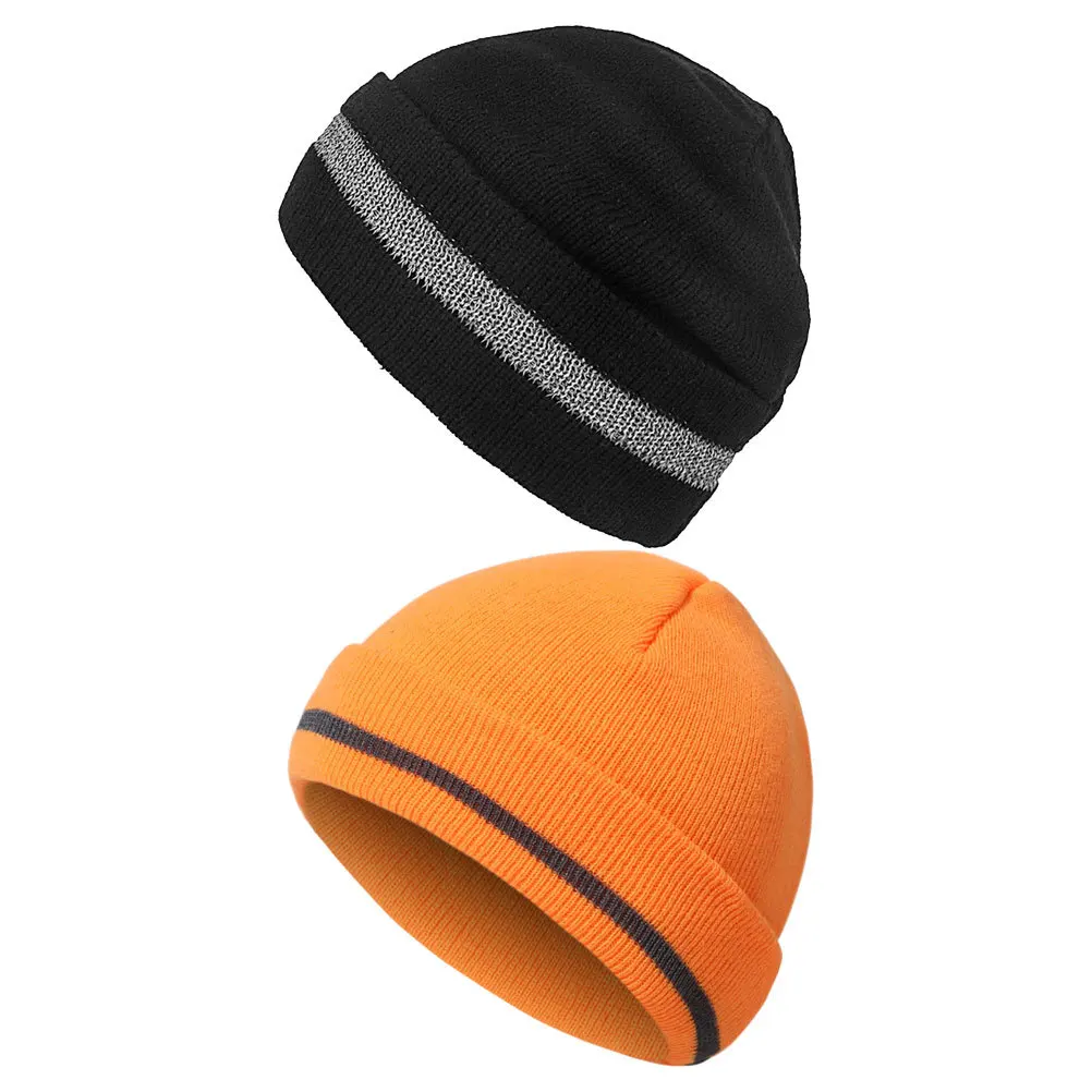 

2Pcs Reflective Knit Beanie for Men Fluorescent Warm Hat Rolled Edge Knitted Cap for Outdoor Activities Night Safety Cycling
