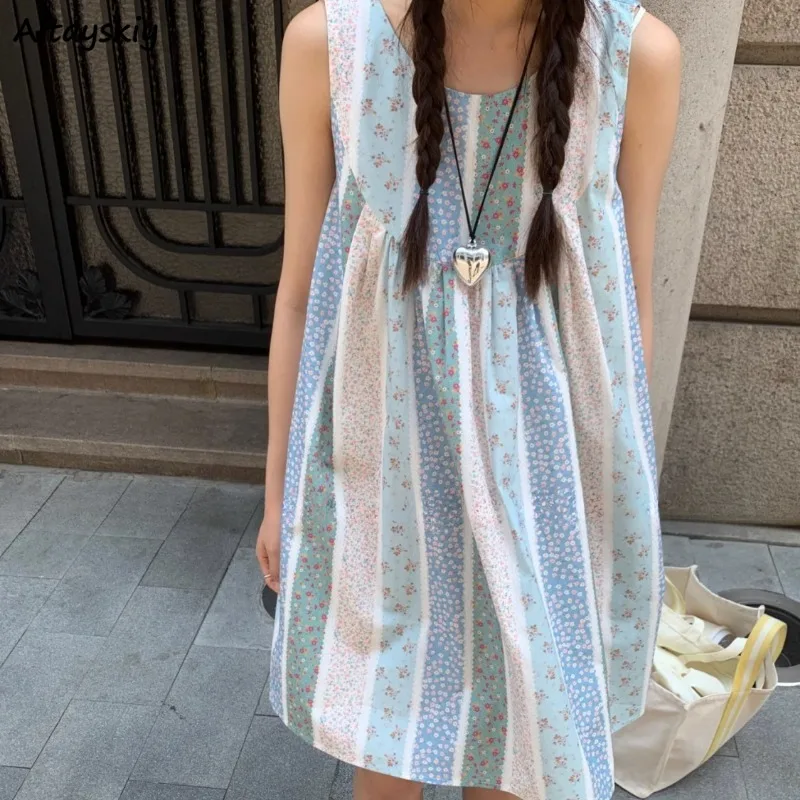 Japan Style Dresses for Women Sleeveless Chic Lovely Girl Summer Ins Clothing All-match Mini Thin All-match College Young O-neck