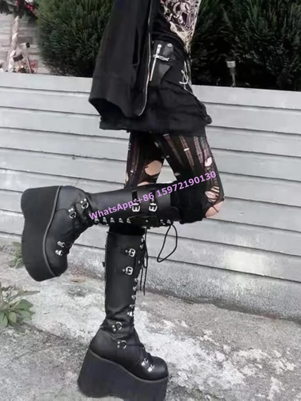 Thick Soled Metal Ring Boots Platform Round Toe Buckle Strap Cross Tied Shoes Ladies Rock Style Gothic Fire Knee High Boots