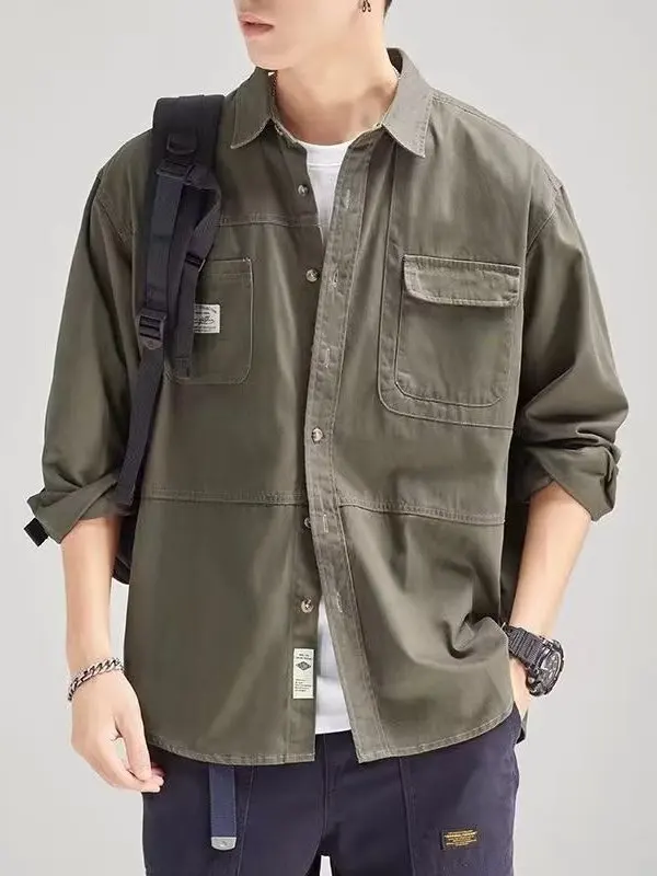 

Мужская свободная повседневная куртка-рубашка из чистого хлопка в американском ретро-стиле с длинным рукавом, осенне-весенняя, молодежная, классическая, модная