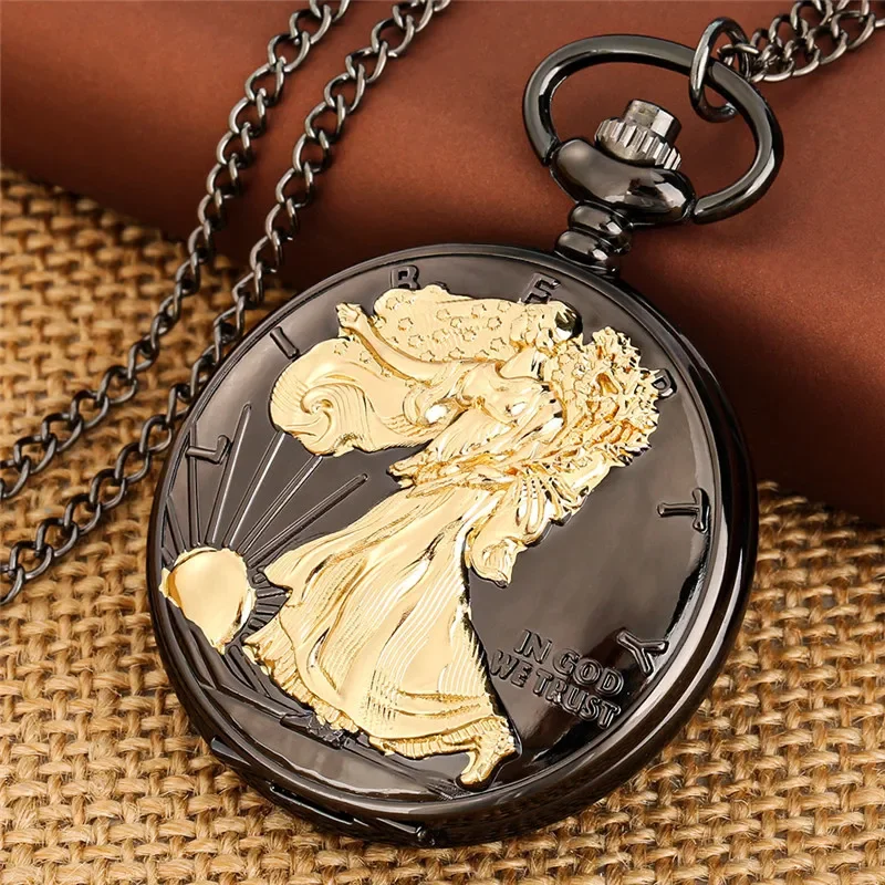 Old Fashion Pocket Watch Liberty In God We Trust Men Women Quartz Analog Watches with Full Hunter FOB Necklace Chain Souvenir