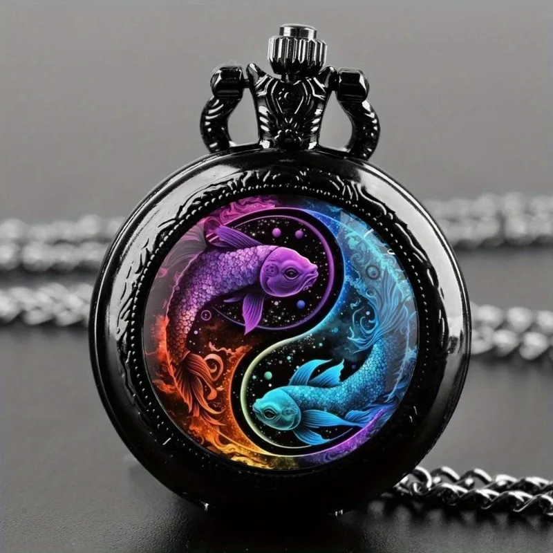 10pcs/lot Unique Wolf Animal Pattern Quartz Pocket Watch Black Necklace Pendant World-Time Feature Analog Display For Women Men
