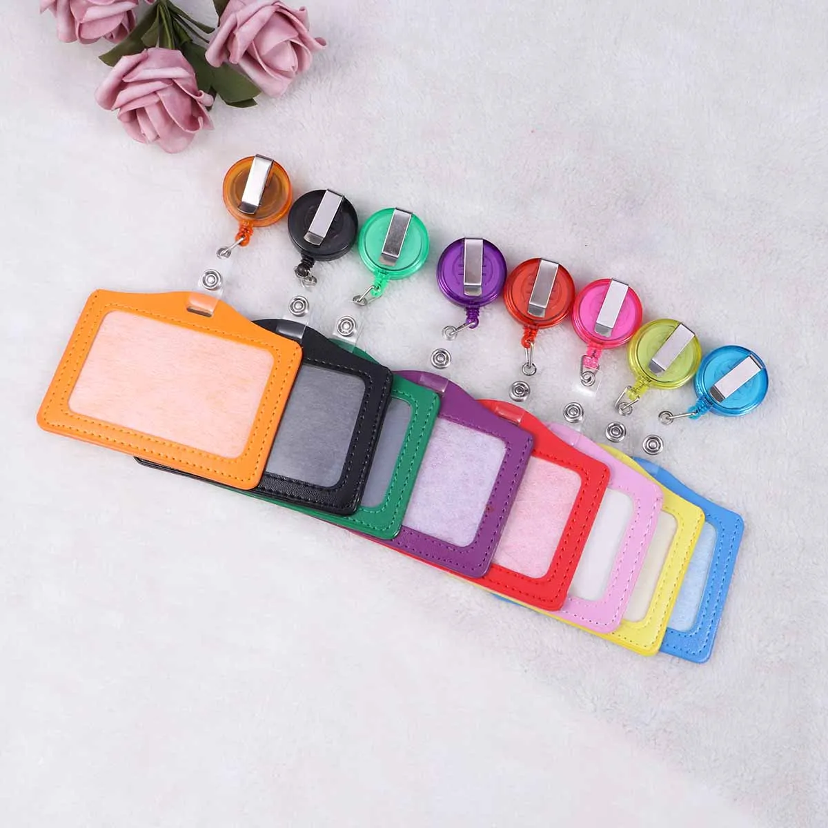 

8pcs Transverse Style PU ID Badge Holder Pass Pouch Case with Retractable Pull Clip for School Office Company