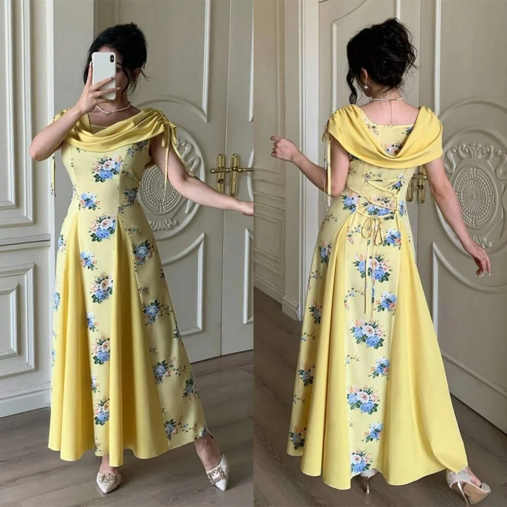 

Customized Fashion yellow Jersey Celebrity Gowns Elegant/ Graceful Strapless Off the Shoulder Contrast Color Zipper Back Party