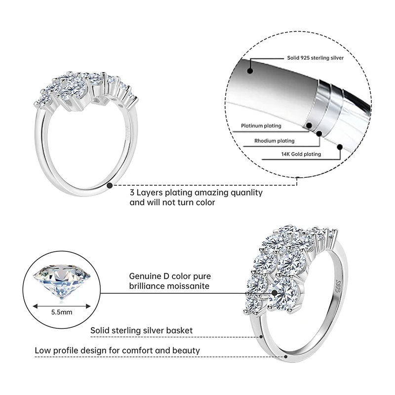 Imagem -06 - Prata Moissanite Anel Aberto para Mulheres 10 Pedras Todas Noivado Jóias de Casamento Original Certificado 925