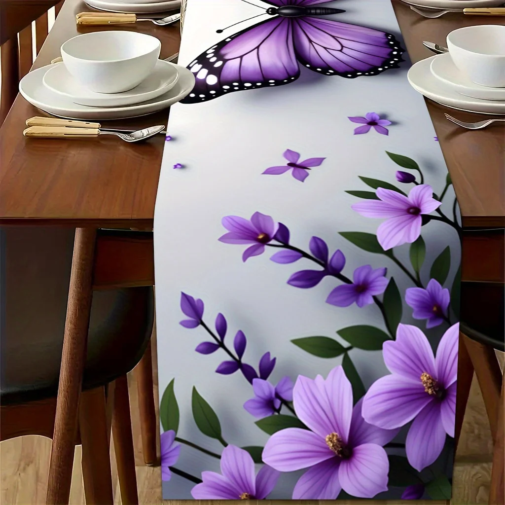 Romantic Purple Butterfly on Flower Table Runner - Sweet Blossom Motif Decoration for Dining Coffee Table TV Stand Party