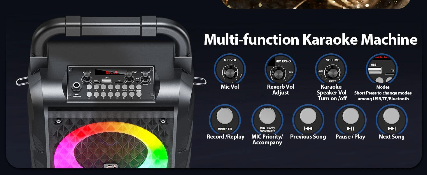 FanFun Kabelloser Lautsprecher, tragbarer Bluetooth-Lautsprecher mit Mikrofon und LED-Licht, Karaoke-Lautsprecher, Heim-Karaoke-System – Detail 4