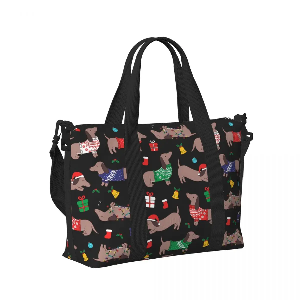 

Christmas Sweater Dachshund Dog On Black Beach Travel Bag Large Capacity Tote Bags for Yoga Women Shopping Duffle Shoulder Bag