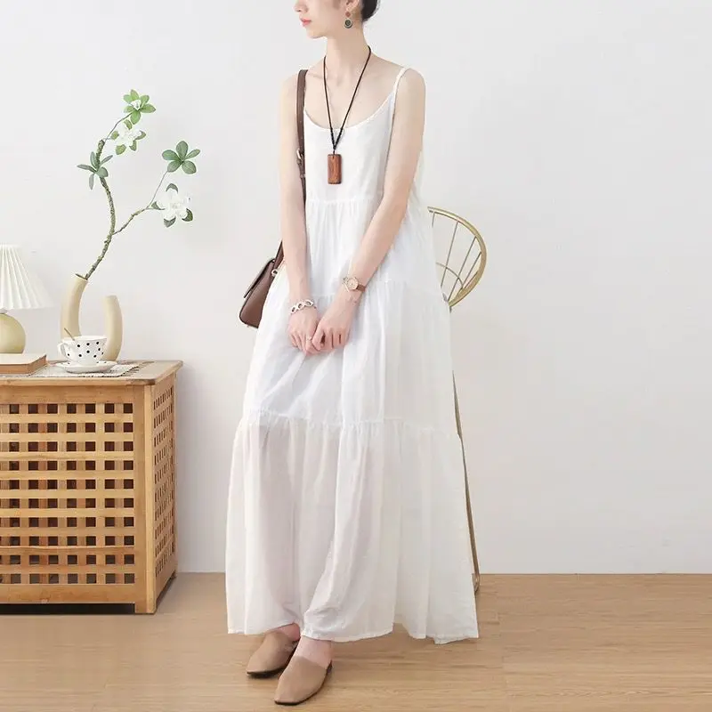 Verão novo feminino artístico solto dupla camada cinta dr praia capa de viagem barriga emagrecimento longo vestido de algodão cintura alta