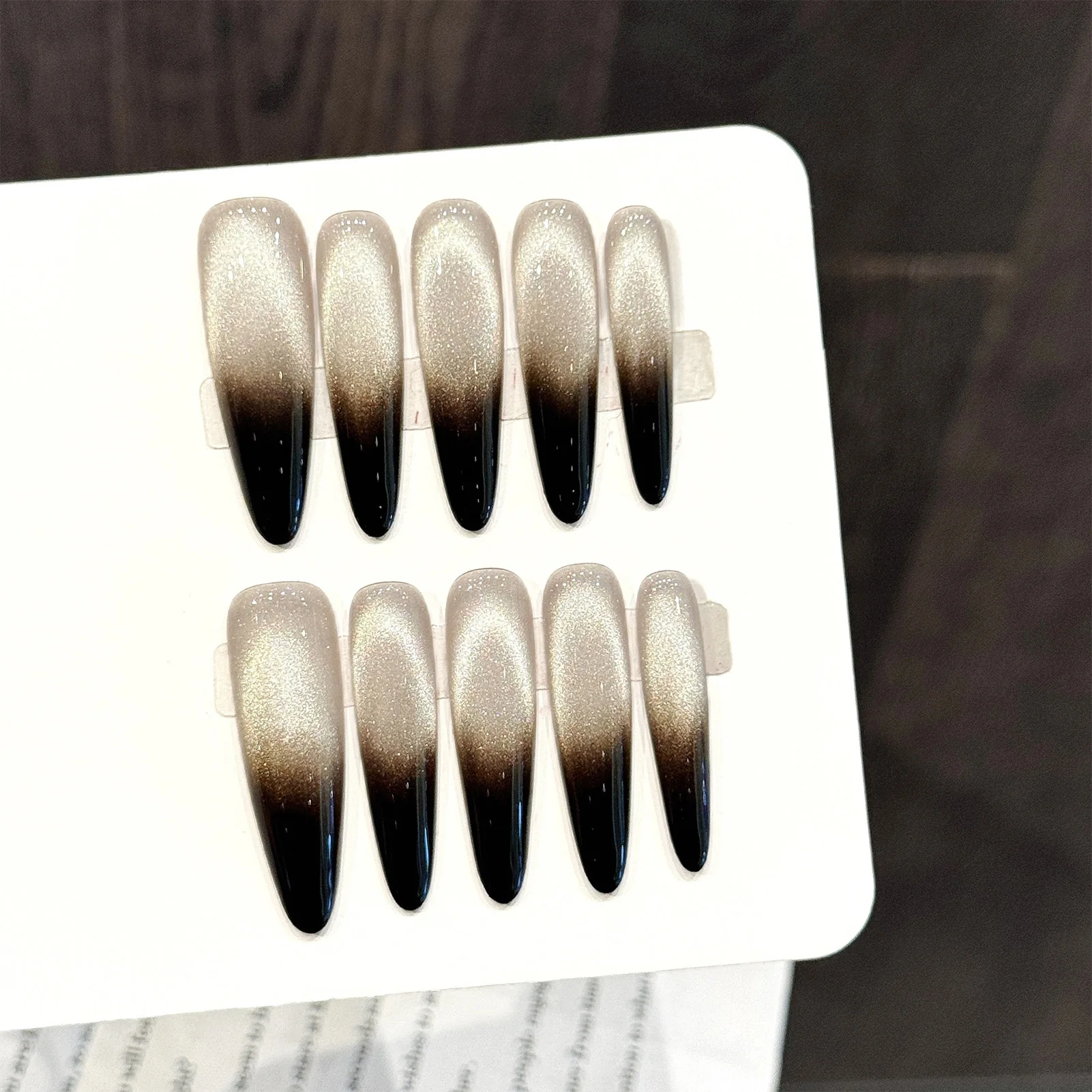 10 قطعة اليدوية سوبر طويلة اللوز الصحافة على الأظافر بسيط أسود النمط الفرنسي يمكن ارتداؤها الأظافر وهمية التدرج الذهب عين القط أظافر صناعية #2