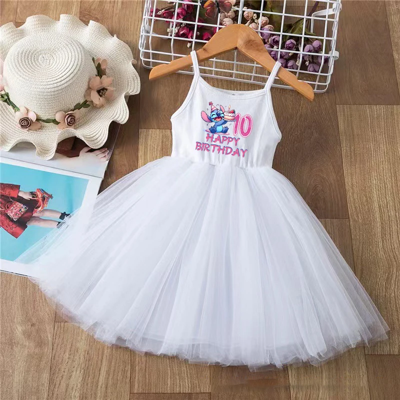 

Lilo Stitch Girl Camisole Dress Baby Birthday Clothes Number Printed Suspender Tulle Dresses Kids Sleeveless Splicing Tutu Dress