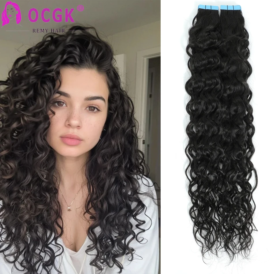 

Лента OCGK Water Wave для наращивания человеческих волос, 12-26 дюймов, 100% настоящие человеческие волосы Remy, бесшовная лента для утка кожи вьющихся волос, 2,0 г/шт.