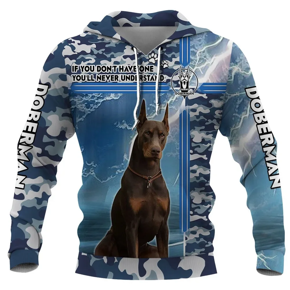 

HX Doberman Pocket Hoodie 3D Graphic Синие камуфляжные толстовки Модный мужской пуловер Топы Harajuku Уличная одежда Спортивная одежда